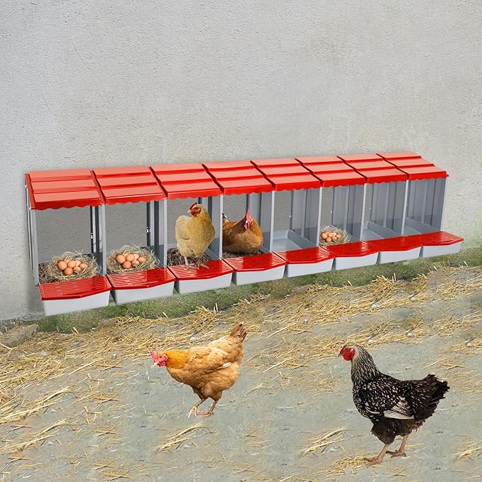 Chicken Nesting Boxes 8 Compartment PP Nesting Box with Inclined Nesting Boxes & Vented Holes Wall Mount Chicken Laying Boxes for Chicken Coop (Red)