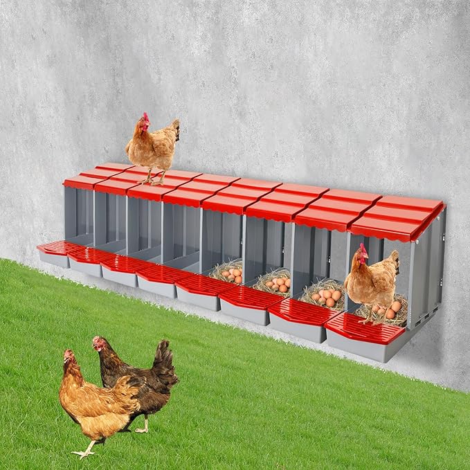 Chicken Nesting Boxes 8 Compartment PP Nesting Box with Inclined Nesting Boxes & Vented Holes Wall Mount Chicken Laying Boxes for Chicken Coop (Red)