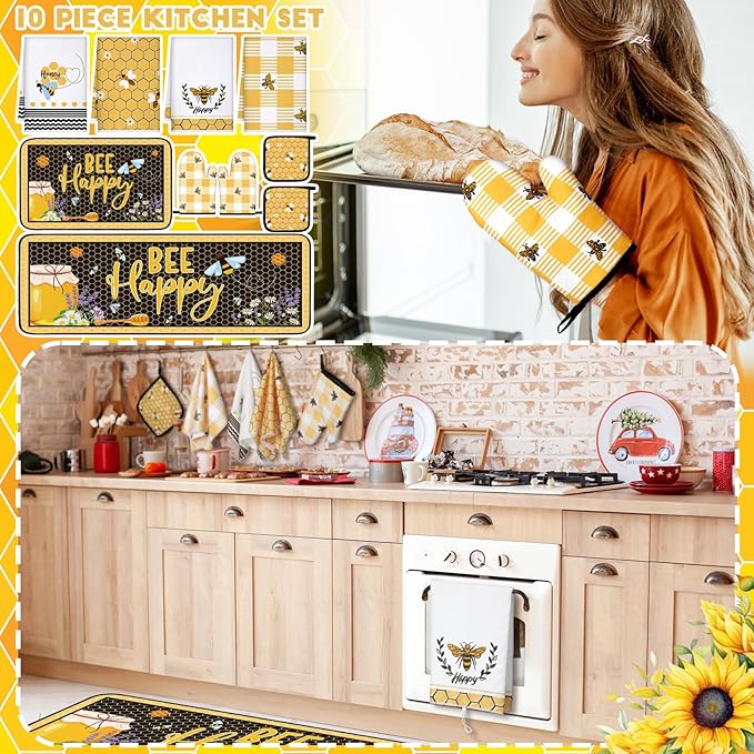 10 Pcs Bee Themed Kitchen Decor Set Dish Towels Kitchen Rugs Oven Mitts and Pot Holders for Cooking Baking Grilling Women Mom Gift