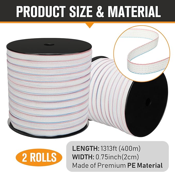 1 Roll 3/4 Inch x 1313 ft Electric Fence Tape for Livestock Polytape Fencing Horse Fence with High Visibility