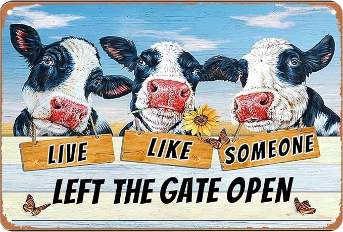Vintage Metal Farm Signs-Funny Cow Decor Sign Live Like Someone Left The Gate Open Tin Sign for Home Farm Fence Kitchen Bedroom Wall Decor 8x12 inches