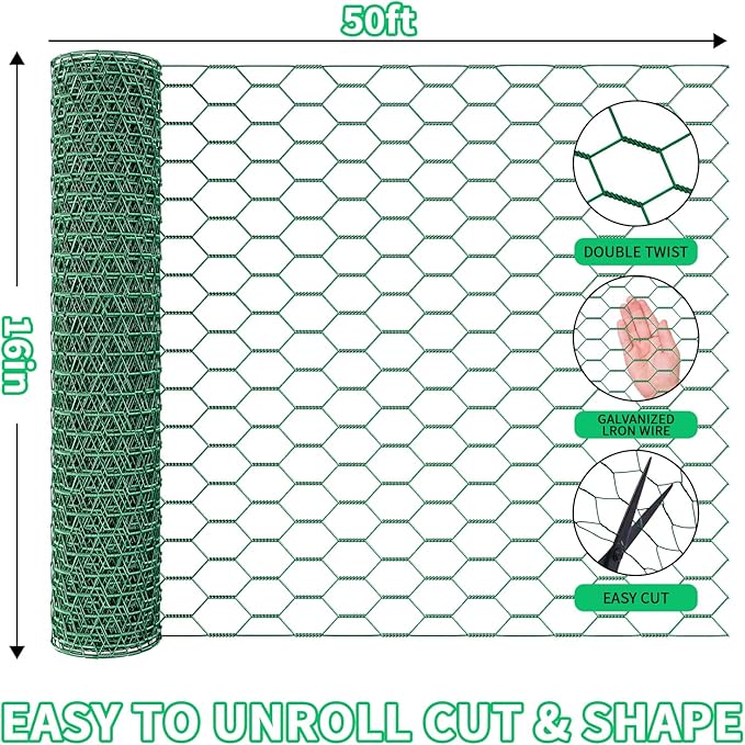 16in x 10ft Chicken Wire for Floral Arrangements, Green Chicken Wire, Hexagonal Galvanized Wire Mesh for Poultry Barrier, Flower Arrangement, Crafts and Garden