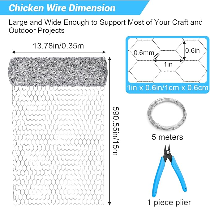 Chicken Wire Mesh 13.7 in x 50 ft in Silver Floral Chicken Wire Poultry Netting Hexagonal Galvanized PVC Coated Wire Mesh for Floral Arrangements Craft with 30 Zip Ties, Glove and Wire Cutting Pliers