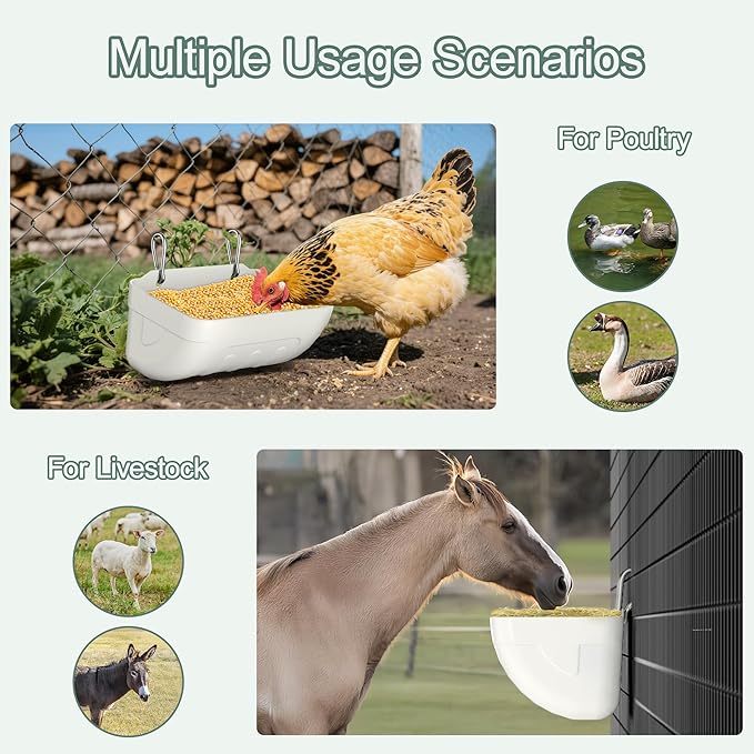 Goat Feeders Hanging, Chicken Waterer Feeder Trough for Poultry Livestock (6 * 3.5 Quart White)