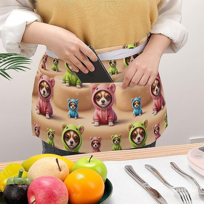 Unisex Apron for Cooking Server Waitress Half Waist Apron with 3 Pockets