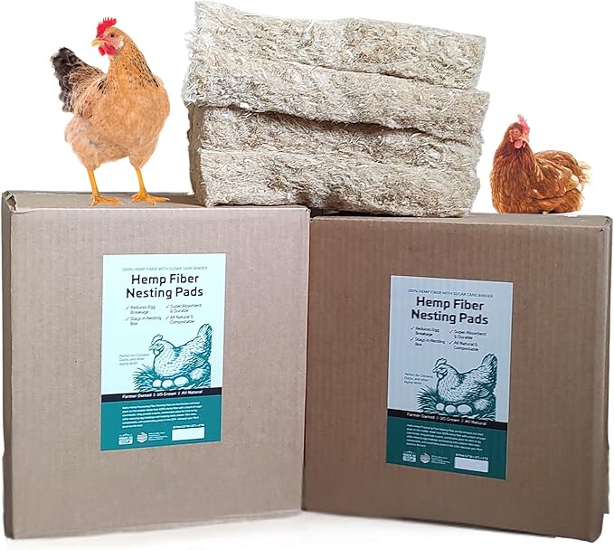 (New) Naturally Grown US Hemp Fiber Chicken Nesting Pads, for Hen Nesting Boxes or Chicken Coops. Super Absorbent, Nest Forming, Thermoretentive and Sustainable. 12”x12” (10 pack). Made in the USA.