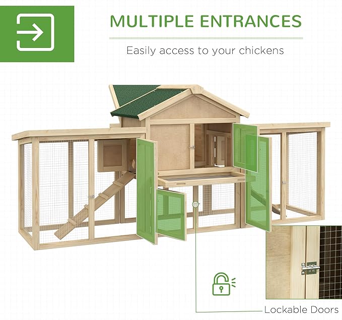 PawHut 80" Chicken Coop, Wooden Outdoor Chicken Cage Hen House with Nesting Box, Double Runs, Removable Tray, Ramps, for Backyard