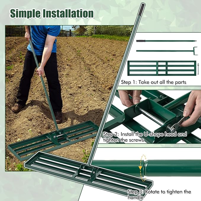 Happygrill Lawn Leveling Rake, Heavy Duty Lawn Level Tool for Soil w/67” Handle, Dirt Ground Leveler, Effort-Saving Landscape Rake for Garden, Backyard, Golf Course, Farm, Pasture (46" x 10", Green)