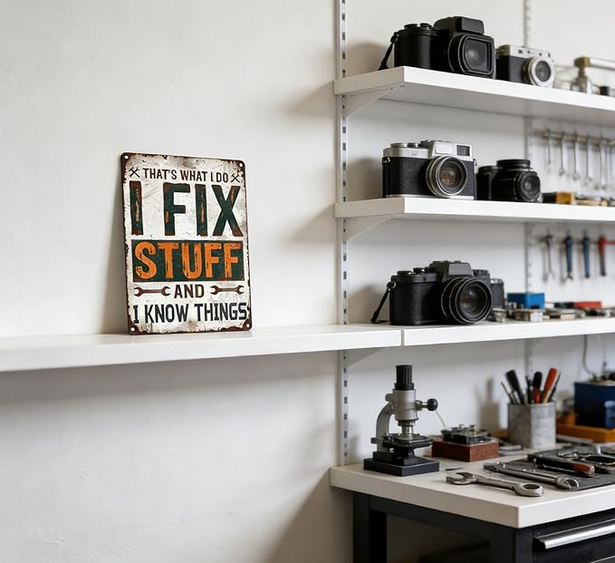 Funny Garage Metal Sign Rustic Farmhouse Wrench Tools Shop Accessories Tin Signs Vintage Man Cave Decor I Fix Stuff Mechanic Poster Aluminum Wall art for Workshop Garage 8x12 Inch