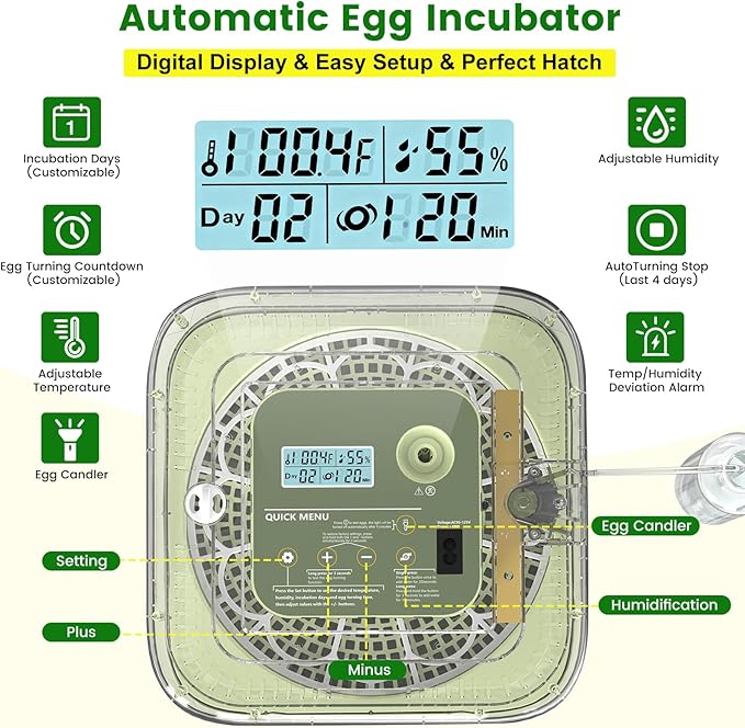 12 Egg Incubator with Automatic Turning, Auto Water Refill & Temp/Humidity Control, Plus Hatching Guide, Digital Hatcher for Chicken, Duck, Quail, Pigeon Eggs & More