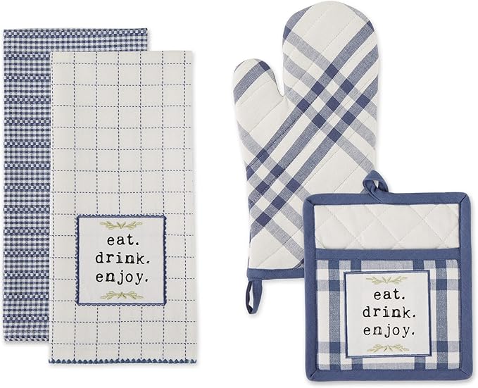 DII Home Sweet Farmhouse Kitchen Collection, Potholder/Oven Mitt/Dishtowel Set, French Blue, 4 Count