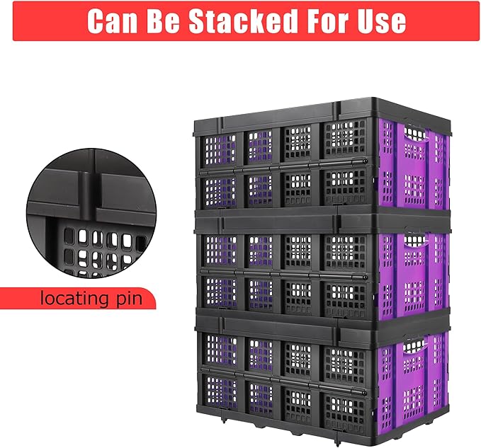 14.5 Gallon Purple Collapsible Milk Crate, Heavy-Duty Plastic Storage Container with Handles, 55 LBS Load Capacity Stackable Folding Bin for Home Office Farm Garage Basement.