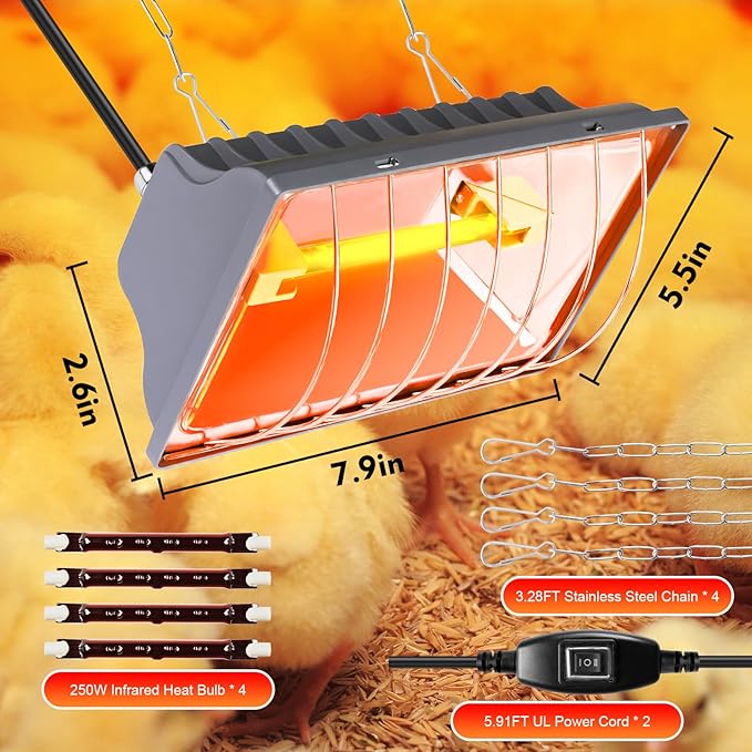 250W Brooder Heater for Chicks,Chicken Coop Brooder Heating Lamp Warmer 2 Pack with 2Pcs Infrared Heat Bulbs,2 Adjustable Temp(250W/175w) & Hight for Poultry Coop and Small Pets