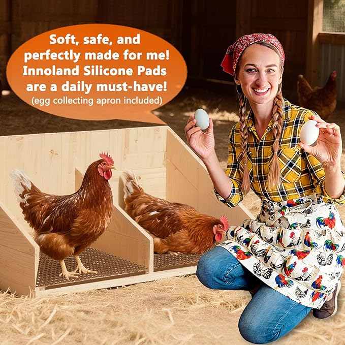 INNOLAND 6 Pack Ultra Soft Washable Chicken Nesting Pads & Egg Collecting Apron with 12 Pockets, 12" x 12" Reusable Laying Box Pads, Soft TPE Mats, Egg Protector for Nesting Boxes and Coop Bedding