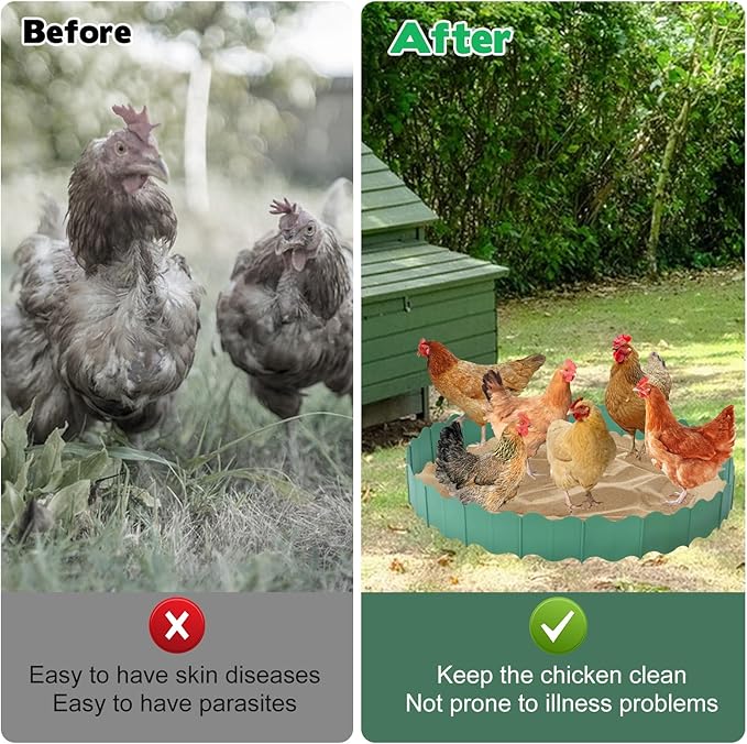 Large Chicken Dust Bath Tub, 40'' D * 5.5'' H Bottomless Design Round Adjustable Chicken Coop Cleaner Container Dust Bath Chicken Coop Lime Portable Farms Essential Chicken Coops Accessory
