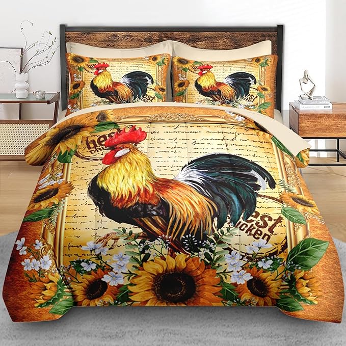 Comforter Set King Size, Rooster Vintage Chicken 7 Pcs Bedding for Kids and Adults, Sunflower Flower Farm Bed Sheet Sets with Fitted Sheet 2 Pillowcases & 2 Shams for Bedroom Bed Decor