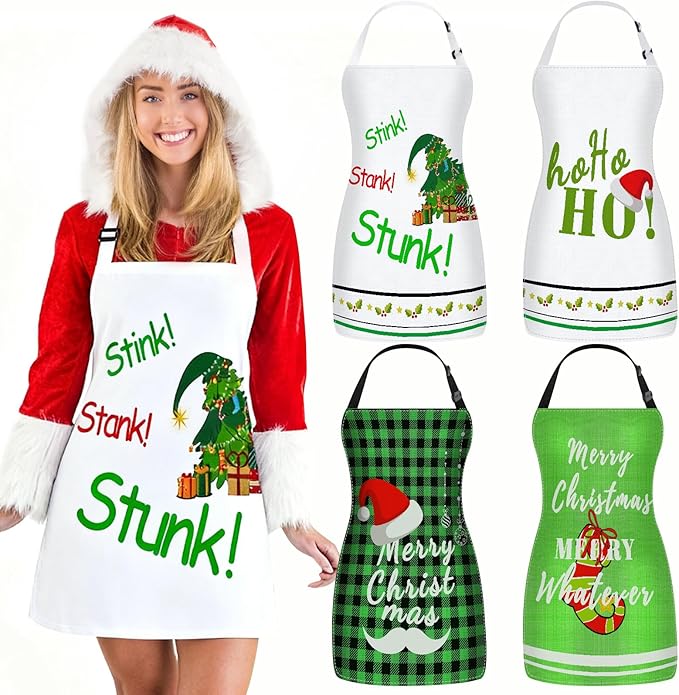 4Pcs Christmas Aprons Set - Adjustable Holiday Aprons with Christmas Tree, Stocking, Snowman for Family, Festive Kitchen Decor & Christmas Party Supplies