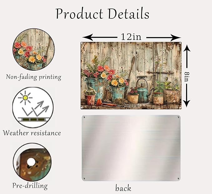 Vintage Flower Garden Metal Sign Rustic Farmhouse Daisy Floral Wildflowers Tin Signs Still Life Gardening Aluminum Wall art for Home Garden Patio Farm Yard Bar Bathroom Decor 8x12 Inch