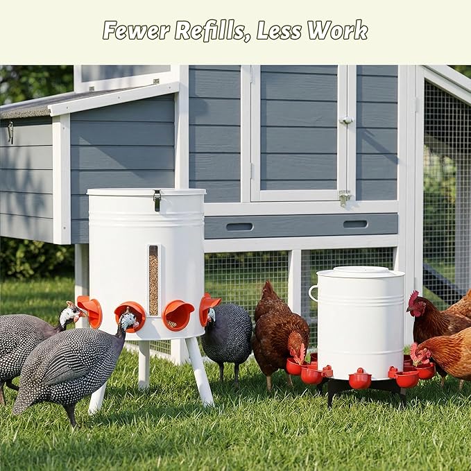 KOL 50 LB Chicken Feeder & 5 Gallon Chicken Waterer Set, All-Metal No-Waste Poultry Feeder & Automatic Gravity Waterer with 8 Ports & 8 Cups Chicken Coop Accessories