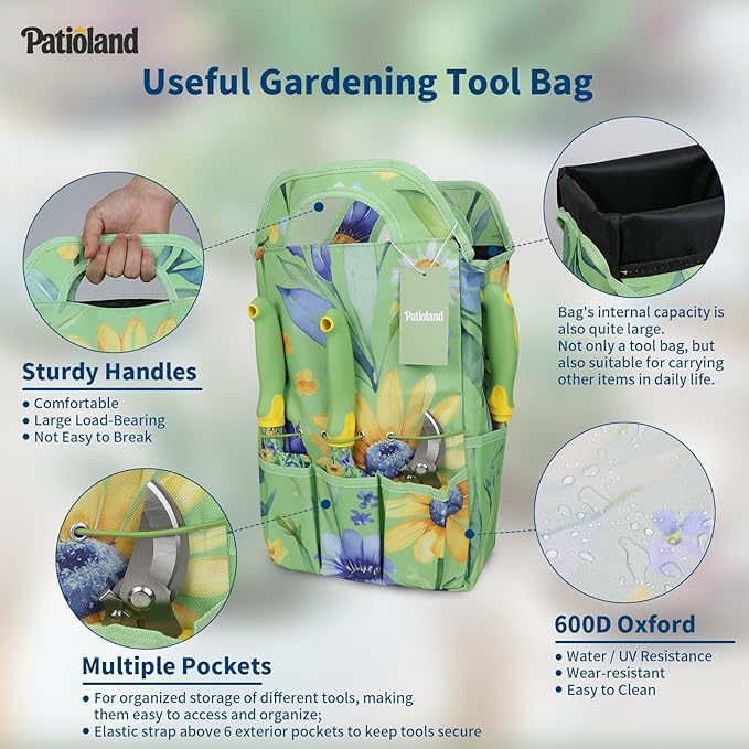 10-Piece Garden Tool Set – Green Floral Print Gardening Hand Tools with Non-Slip Handles, Heavy Duty Rust-Proof Aluminum Tools, Organizer Tote Bag, Ideal Gardening Gifts for Women & Grandma