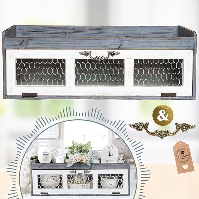 Felt Creative Home Goods Farmhouse Chicken Wire Countertop Shelving Organizer, Decorative Kitchen Pantry Storage Cabinet, Rustic Counter Storage Display, Country Kitchen Island Decor (Dusty Blue Gray)