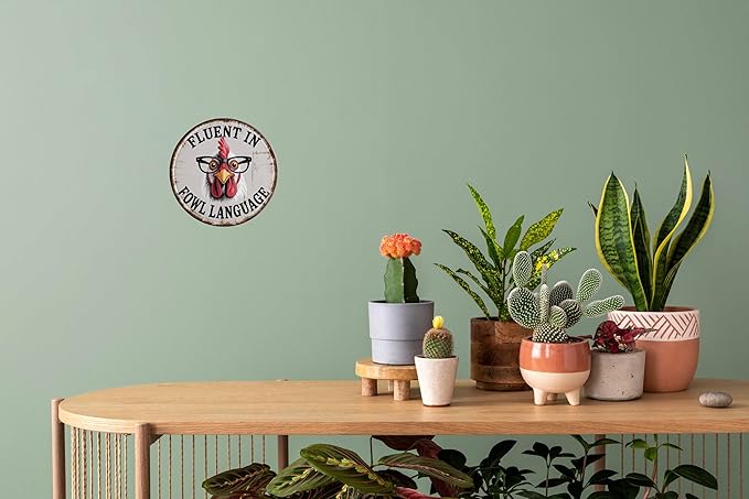 CSWLJS Vintage Round Chicken Coop Metal Tin Sign “Fluent in Fowl Language” – 8 × 8 in Wall Decor for Kitchen, Living Room, Gift