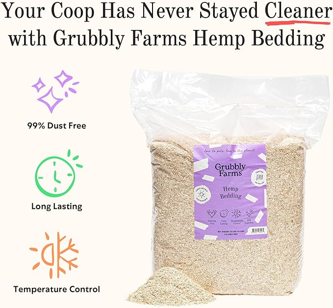Grubbly Farms Hemp Bedding for Chickens - 99% Dust Free Chicken Coop Bedding with Odor Control, Moisture Absorption and Temperature Regulation - Naturally Sourced, Long Lasting - USA-Grown, 2.5 cu ft