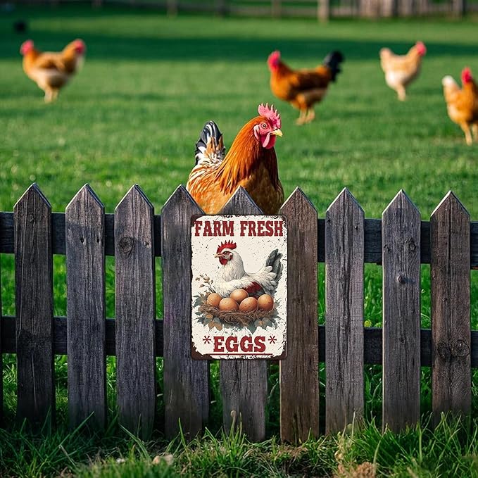 Funny Chicken Signs Farm Fresh Eggs Metal Sign Home Farm Art Wall Decor 12x8 Inch Vintage Chicken Coop Kitchen Garden Backyard Patio