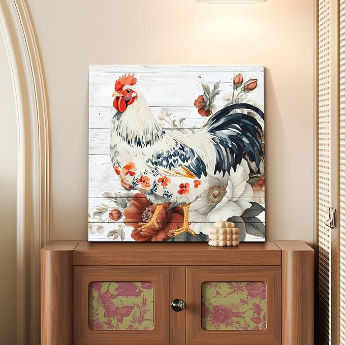 Framed Chicken Wall Art 16x16 Inch Rooster on Flower Stand Canvas Print Farmhouse Country Style Artwork for Kitchen Living Room Rustic Home Wall Decor (Rooster and flowers, 20L×20W)