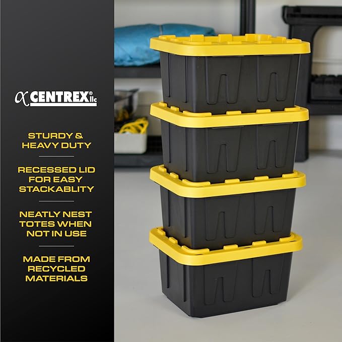 BLACK & YELLOW, 5-Gallon Heavy Duty Storage Bins with Lids, Stackable Plastic Storage Bins with Weather-Resistant Design, Home Organization, 6 Pack (8.6"H x 12.3"W x 16.4"D)