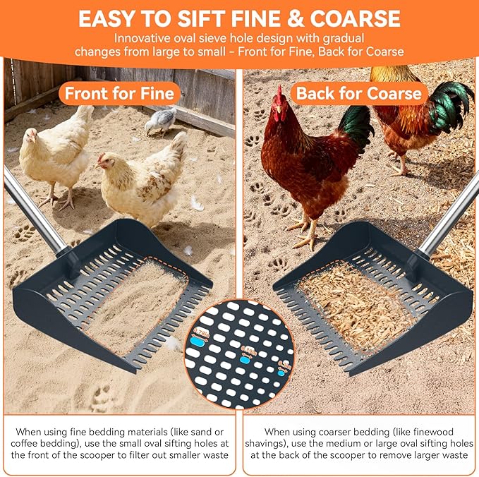 Chicken Poop Scooper & Rake 2-in-1, Chicken Coop Accessories with 13in Wider PP Head & Adjustable Stainless Steel Handle, 33''-69'' Pooper Scooper Sand Sifting Shovel Litter for Small Farm Animals
