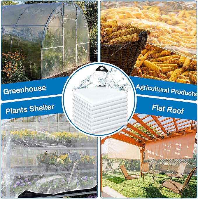 8 Pcs 6x8 ft Clear Tarp with Grommets Heavy Duty Transparent Tarp Waterproof 8mil Green House Cover with Rope for Plant Garden Patio Chicken Coop Porch (Classic Style)