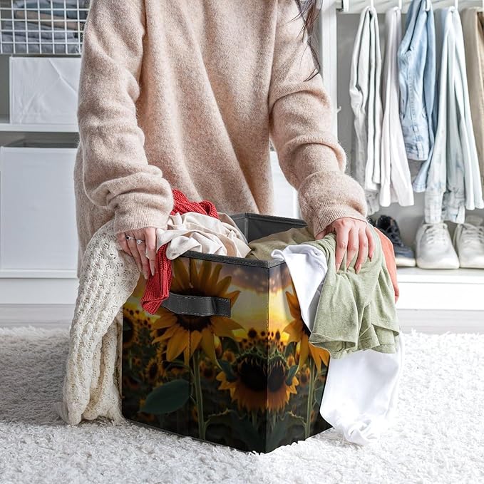 Farm Sunflower Storage Bins Cubes Fabric Cube Organizer with Handle Durable Storage Boxes Large Storage Baskets Foldable Cube Bins for Home Clothes Closet Organizers