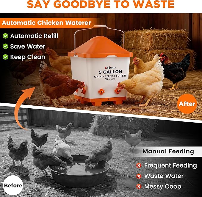 5 Gallons Chicken Waterer Bucket with Horizontal Nipples, Adjustable Legs and Anti-Roost Cone
