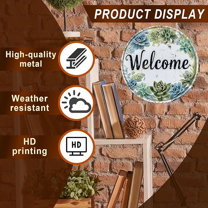 Round Welcome Wreath Aluminum Tin Sign Vintage Style Hanging Door Decor for Front Door Porch Entryway Outdoor Wall Art Decor 12x12inch