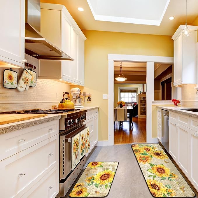 10 Pcs Sunflower Kitchen Dish Towels Rugs Oven Mitts and Pot Holders Set Farmhouse Kitchen Decor Set for Women Mom Daughter Gift Cooking Baking Grilling (Retro Yellow)