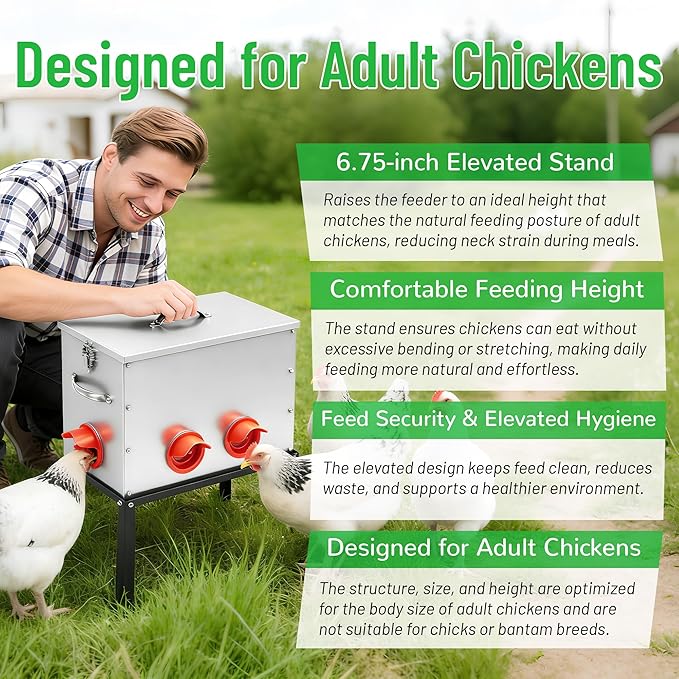 40lb Automatic Chicken Feeder, 6-Port Large Capacity Metal Poultry Feeder, Galvanized Steel Chicken Feeder for Hen Coop