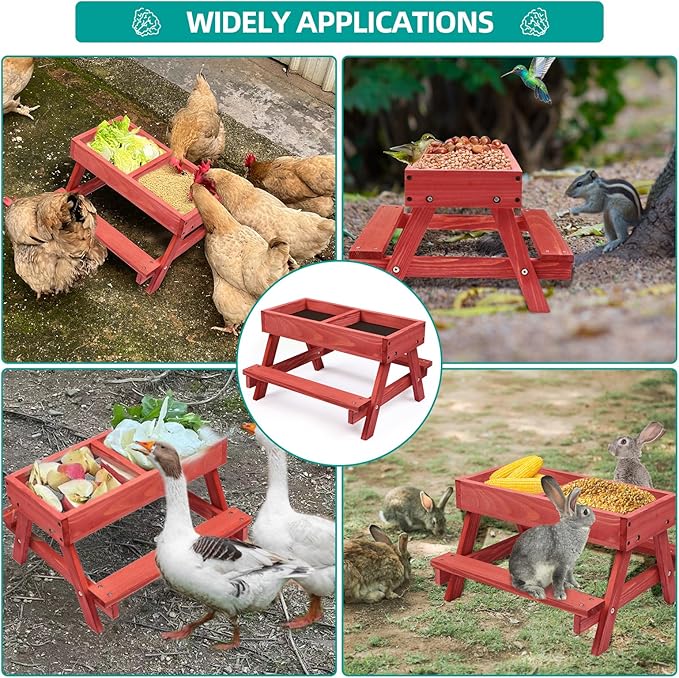 Chicken Picnic Table, Chicken Feeder No Waste Handmade Wooden, Large DIY Chicken Feeder Kit, Wild Bird, Duck & Squirrel Feeders, Mesh Bottom Keep Food Fresh and Dry Easy to Clean and Fill（Red Paint