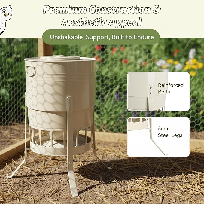 KOL Chicken Feeder No Waste for Coop & Outdoors, 16 Port 50lbs Poultry Feeder with Spill-Control Design, Rust-Proof Powder Coated Metal & Smooth Safe Edges (Jade White)