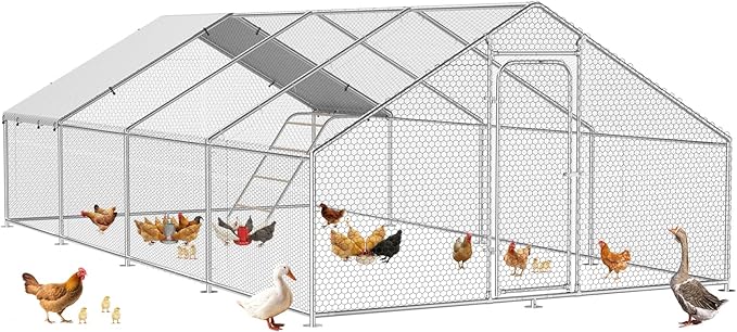 Large Metal Chicken Coop with Perch, Chicken Run Pen Walk-in Poultry Cage with Waterproof & Anti-Ultraviolet Cover for Outdoor Farm Use,Spire Roof(26.2" W x 13.1" L x 6.4" H)
