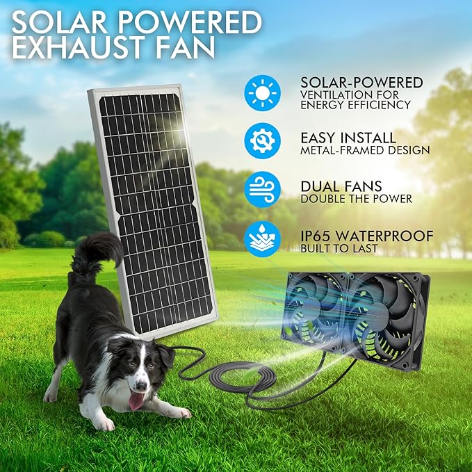 20W Solar Exhaust Fan for Chicken Coop, Sheds, Greenhouses, Dog Houses, Windows, Attics, Solar Powered Fan with Metal Frame, Easy Plug and Play Installation