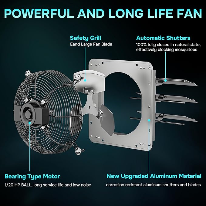 iPower 20 Inch Wall Mounted Shutter Exhaust Fan with Temperature Controller and Power Cord Kit, Aluminum, 1200 RPM, 3368 CFM, for Attic, Garage, Louvered Vent, Plant, Greenhouse, Silver