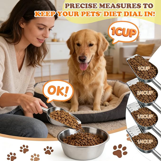 Mity rain Dog Food Scoop Stainless Steel with Long Handle, Precise Dog Food Measuring Cup 1, 3/4, 1/2, 1/4 Cup, Pet Scoop for Dogs, Cats, Rabbits, Animals, Metal Spoon for Dog Food Storage