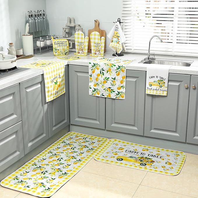 10 Pcs Lemon Kitchen Dish Towels Rugs Oven Mitts and Pot Holders Set Farmhouse Kitchen Decor Set for Women Mom Daughter Gift Cooking Baking Grilling (Fresh Yellow)