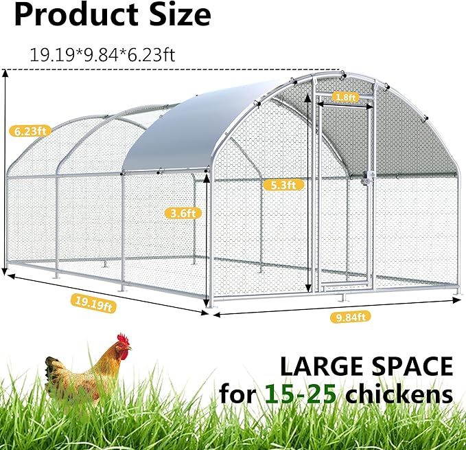 HITTITE Large Metal Chicken Coop with Run, 19.19 x 9.84 x 6.23 ft Walk in Poultry Cage Chicken Run Pen, Dome Roof Outdoor Chicken Runs for Yard with Waterproof & Anti-UV Cover