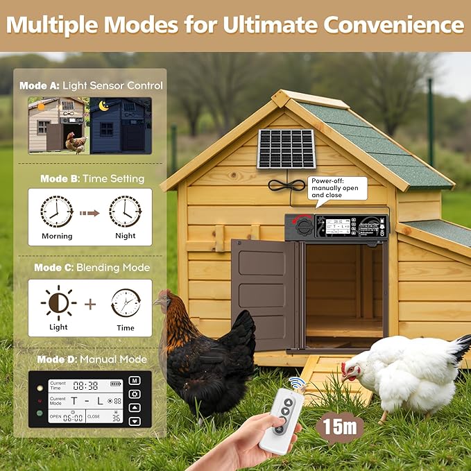Large Size Automatic Chicken Coop Door Solar - Powered Auto Chicken Door Opener, Automatic Chicken Door with Timer/Light Sensor Modes, Intelligent Obstacle Sensors, Remote Control, 14.76"H x 11.02"L