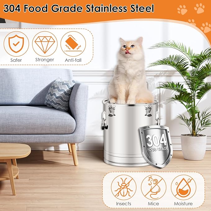 Stainless Steel Dog Food Storage Container,20LB/25LB Airtight Dog Food Storage Container with Lid to Keep Fresh,Easy Clean Large Pet Food Storage Container with Scoop for Cat Food,Chicken Feed,Rice