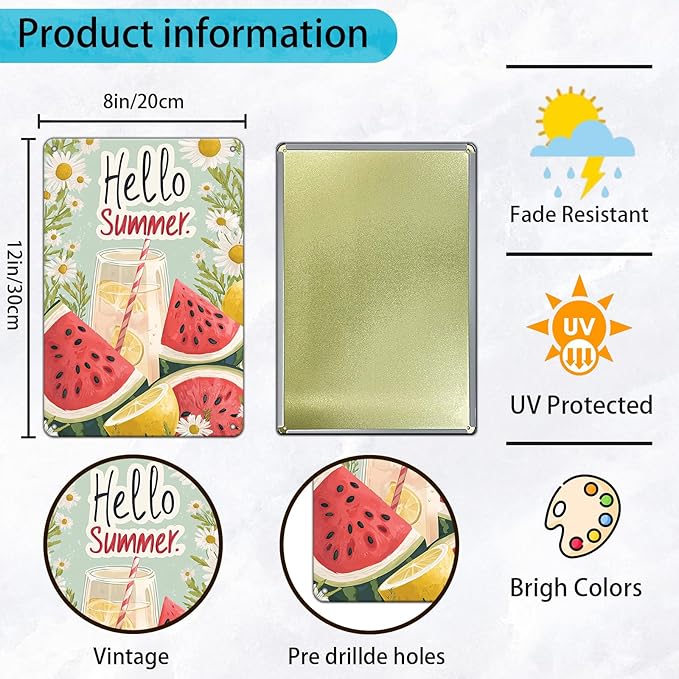 Hello Summer Vintage Tin Sign Watermelon Summer Decor Funny Wall Decor for Home Cafes Office Club 12x8 Inch