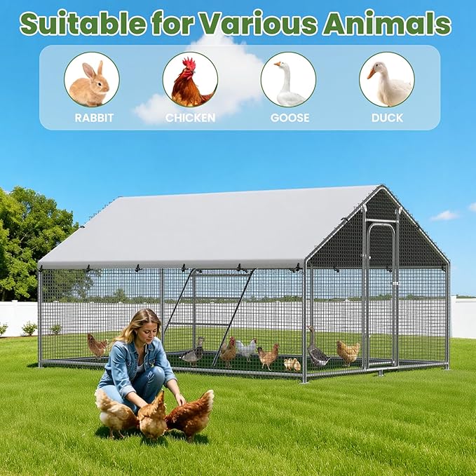Large Metal Chicken Coop Run with Roosting Perch, Outdoor Poultry Cage with Heavy Duty Wire Mesh and UV-Resistant Cover for Chickens Use, Spire Roof (8.9'W x11.8'L x 6.6'H)