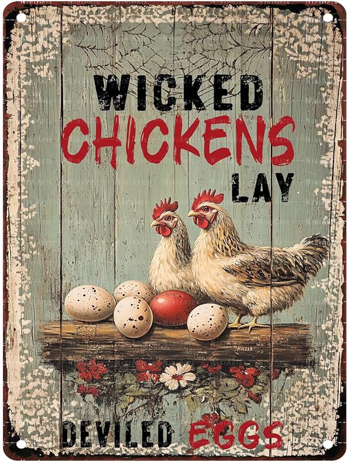 Wicked Chickens Lay Deviled Eggs Metal Signs Vintage Room Decor Aesthetic Wall Art Tin Sign Gift for Garage Bathroom Living Room Man Cave Bar 12X16Inch
